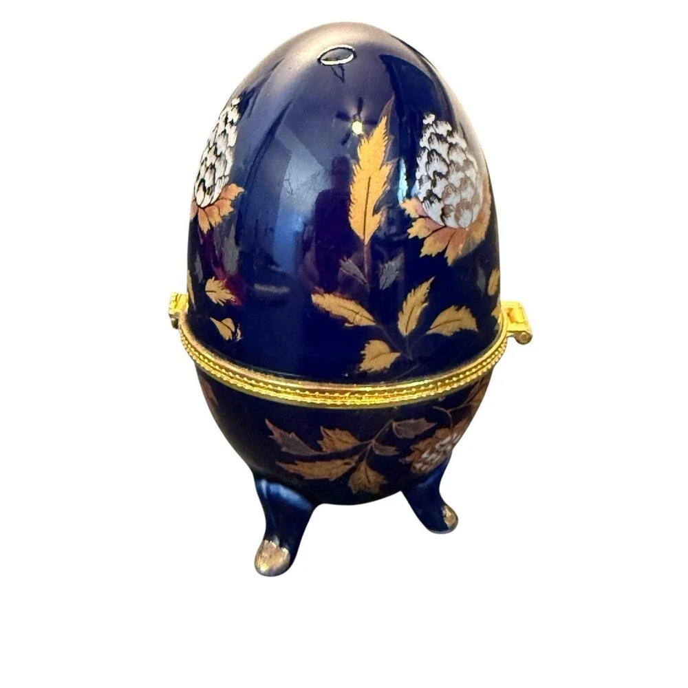 Cobalt Blue Porcelain Egg Form Trinket Box w/ Flowers Decoration